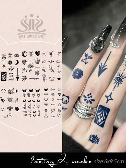 مجموعة 6 أوشام شبه دائمة بنقشات مستوحاة من العصير العشبي، نقشات فراشة ، قلب ، ماسة ، خماسي ، زهرة ، شمس وقمر، تصميم للأزواج، لا يتلاشى لمدة 14 يوم ولا يعكس الضوء، مناسب للاستخدام اليومي والحفلات والهدايا وتزيين الجسم على المعصم والأصبع والأذن والكتف والرقبة والترقوة