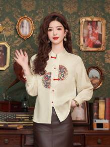Spring Elegant Chinese Style Apricot Satin Asymmetric Standing Collar Embroidery Jacquard Knot Button For Chinese New Year Modern Hanfu Tops
