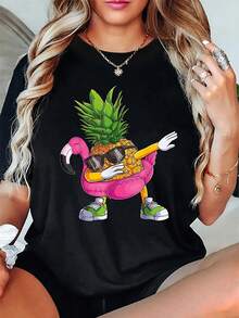 Women's Casual Pineapple Print T-Shirt - Soft , Crew Neck, Regular Fit, All-Season Wear - Black - View 1