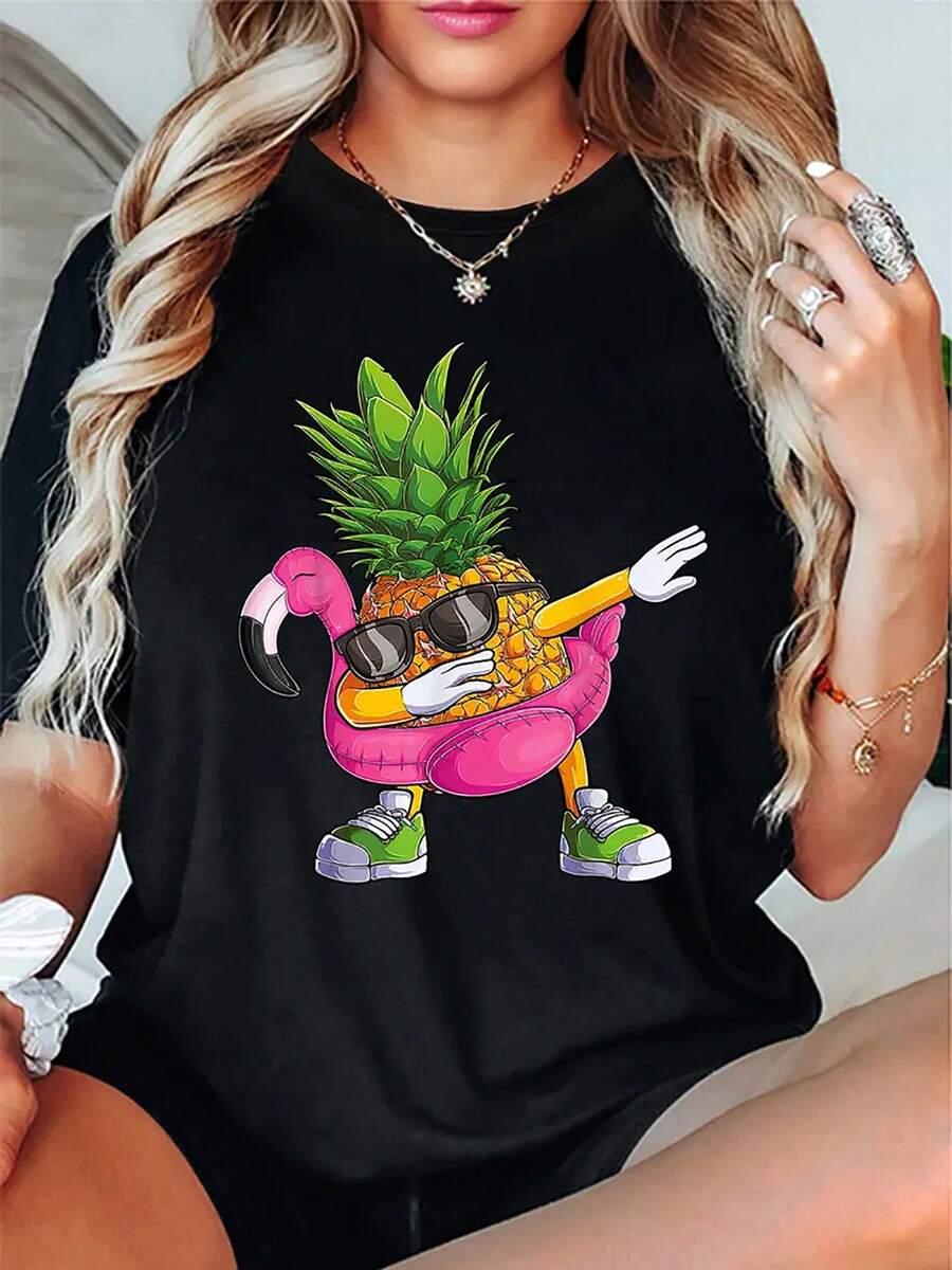 Women's Casual Pineapple Print T-Shirt - Soft , Crew Neck, Regular Fit, All-Season Wear - Black - View 1
