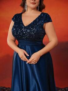 XUIBOL Plus Size Women Elegant Sequins Patchwork Satin V-Neck Maxi Dress With Pockets, Luxurious Formal Evening Gown Suitable For Parties And Balls (Embellished), Party Dress, Wedding Guest Dress