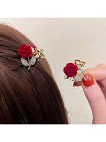 2pcs Valentine's Day Limited Edition Exquisite Romantic Rhinestone Rose Grab Clip Super Fairy Hair Claw Hairpin Clip Premium Mini Hair Grab Valentines Hair Clips Hair Jaw Clip Hair Clamps Hair Clutch Hair Catcher Clip