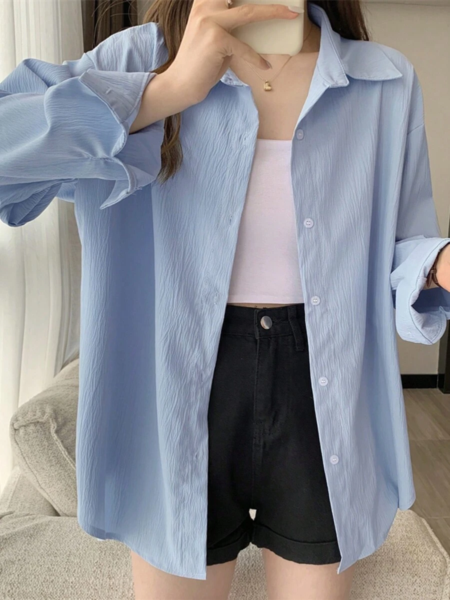 蓝色宽松 Polo 领衬衫，独特设计优雅法式女式衬衫，初秋 - 藍色 - 查看 1