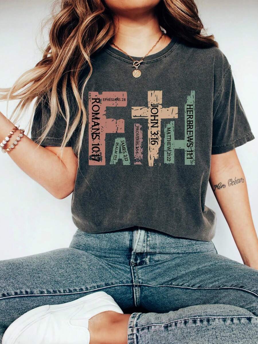 Faith 图案印花女式休闲圆领短袖 T 恤