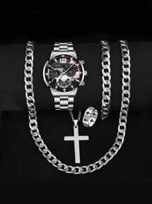 Conjunto de 5 piezas de moda para niño: reloj de cuarzo con correa de acero inoxidable, collar de eslabón cubano estilo hip-hop, pulsera y anillo - regalo ideal para vacaciones