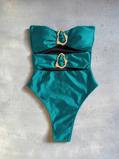 Traje de baño de una pieza verde con diseño calado y sexy para mujeres, de moda