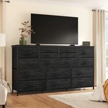 Long Dresser With 16 Fabric Drawers And Wood Top , Sturdy TV Stands With Power Outlet & USB For Bedroom, Living Room, Media TV Console Table With Storage, Black Wood Grain Print - 黑色 - 查看 8