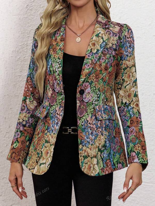 Spring/Autumn New Fashion Turn-Down Collar Single-Breasted Long Sleeve Blazer Jacket, Casual Floral Print Elegant Women's Blazer, Retro Street Style Indoor Office Women's Blazer Jacket