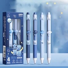 Set de 4 bolígrafos borrables retráctiles, con diseño de dibujos animados lindos, clip largo, agarre suave ergonómico, borrador incorporado, escritura suave, tinta mejorada para colores vívidos