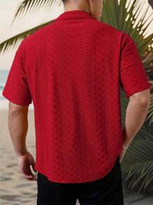 大码男士休闲镂空纽扣短袖夏威夷衬衫 - 紅色 - 查看 4