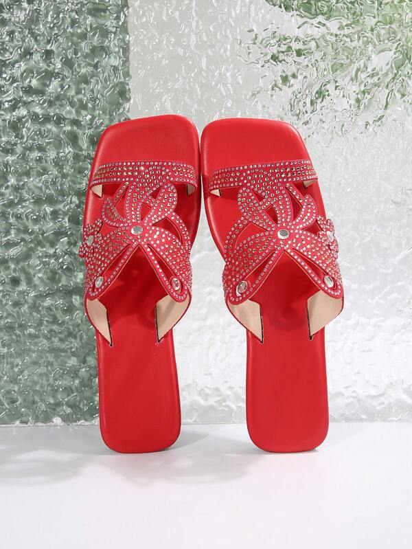Plus Size Women Laser Cutout Rhinestone Sandals, Fashion Comfortable Elegant Casual Flat Slippers