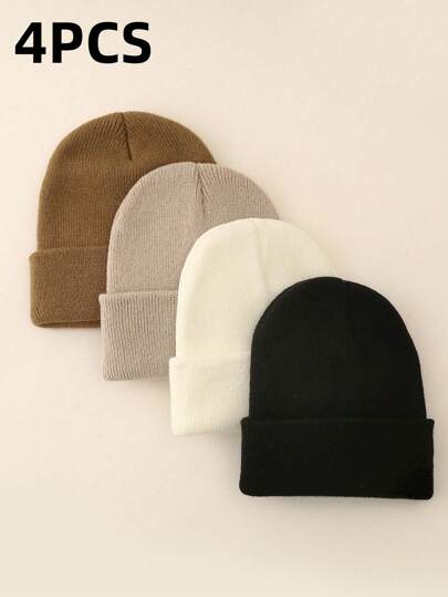 Set de 4 gorros de punto de unicolor, sombreros para niños y niñas, gorros calientitos para bebés para usar en exteriores, otoño/invierno