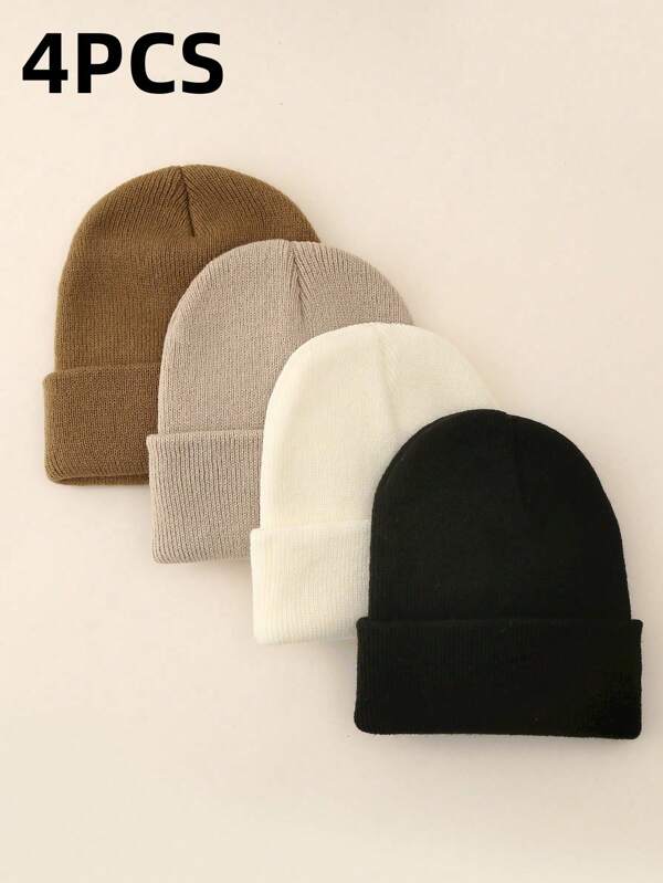 4pcs/Set Solid Color Knitted Caps, Children Hats For Boys & Girls, Warm Infant Beanies For Outdoor, Autumn/Winter