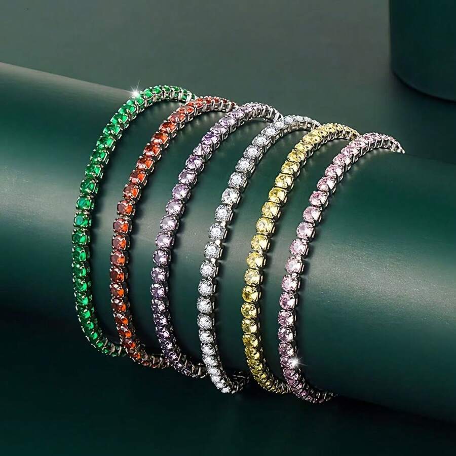 Pulsera de plata esterlina con circonita colorida y brillante, con cadena de tenis de color rosa y morado para mujer, ajustable