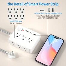 The Compliant Power Socket Has Anti-Surge Protection And Switch Mobile Plug-In, Which Is Light, Small, Convenient And Fast. It Has 6 Power Outputs, 2 USB + 1 TYPE-C, Which Is Suitable For Home Travel And Take-Out.