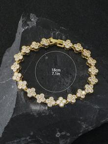 1 Piece Flowers White Zirconia Bracelet ,Fine Jewelry Brass 18K Gold Plated Romantic Gift For Women - Gold - View 5