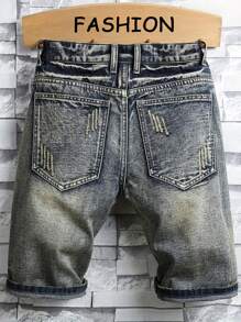 Men's Fashionable Washed Ripped Slim Straight Denim Shorts Jorts, Emo Style - Medium Wash - View 2