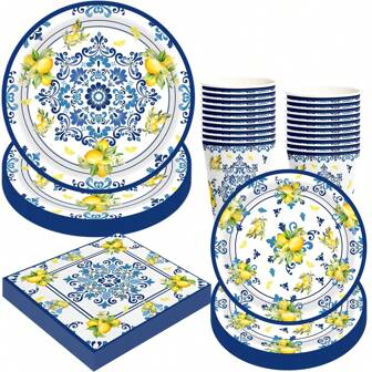 卡普里柠檬派对用品新娘送礼会婚礼夏季柑橘水果主题生日派对装饰意大利黄柠檬餐具纸盘餐巾 10 位客人