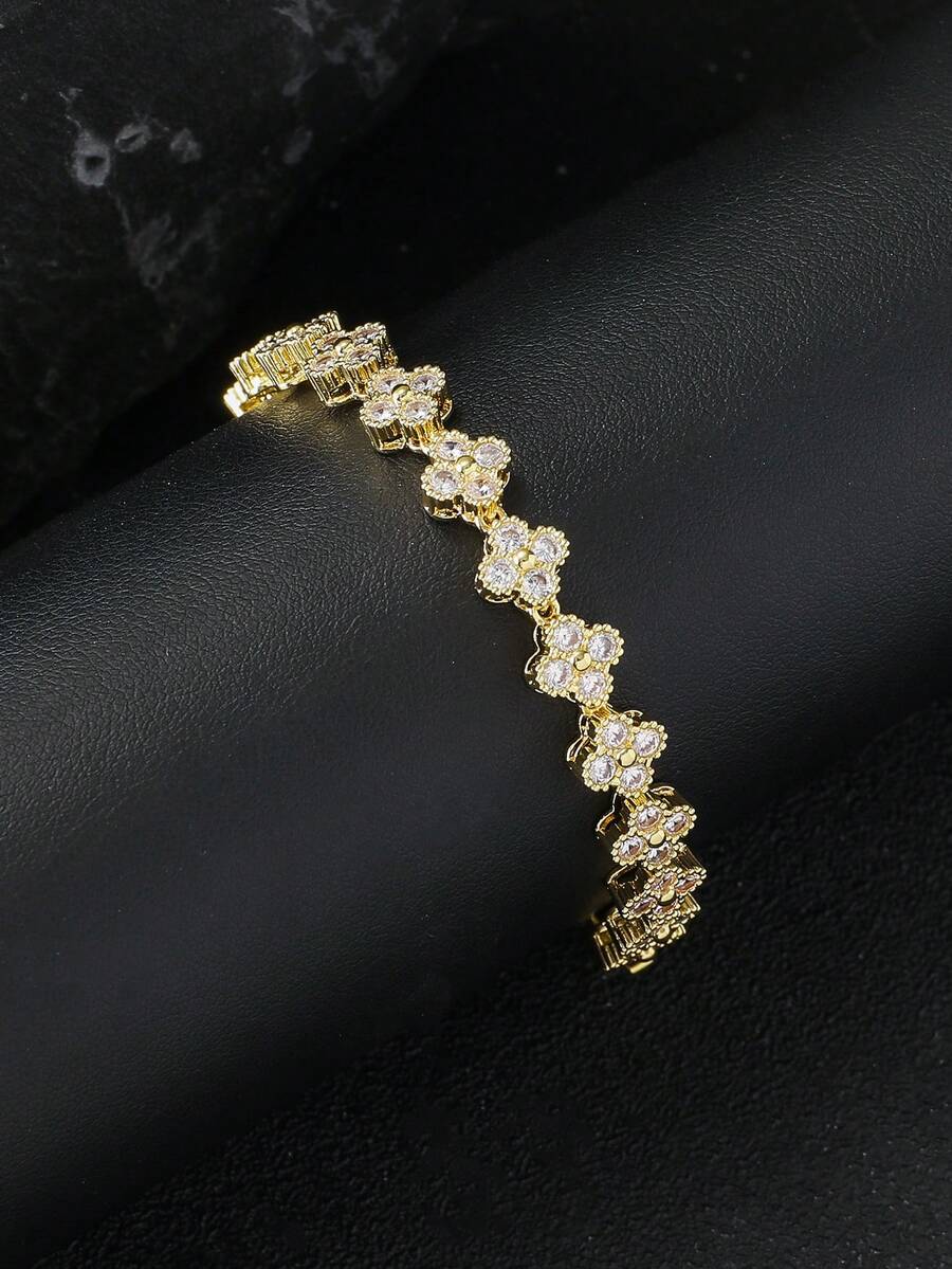 1 Piece Flowers White Zirconia Bracelet ,Fine Jewelry Brass 18K Gold Plated Romantic Gift For Women - Gold - View 1