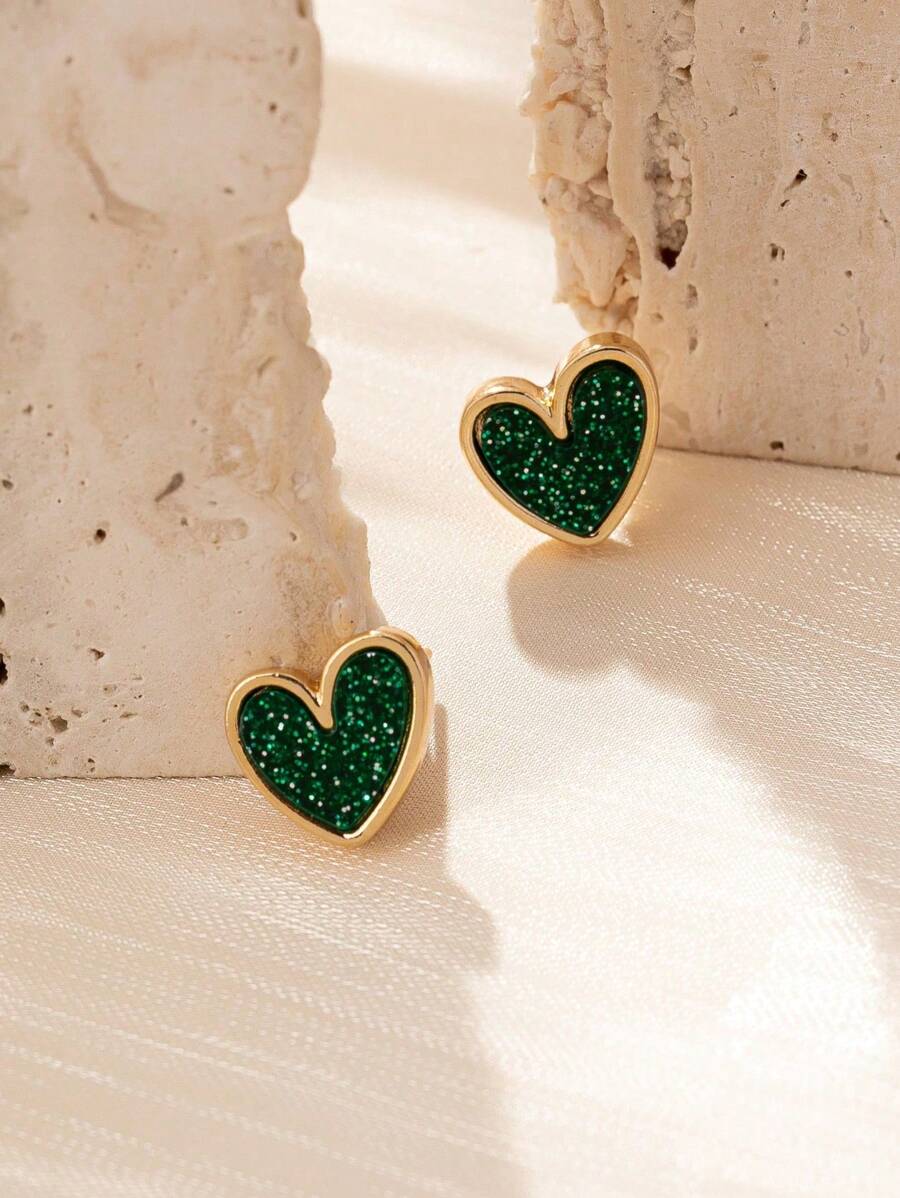 1 Pair Simple Heart Shaped Earrings, Practical & Versatile - Green and Colorful - View 1