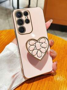 Plated Heart Stand & Plated Phone Case, Compatible With IPhone 17 16e 15 14 13 12 11 XS XR X 7 8 Plus Pro Max Galaxy S25 S24U S23 A55 A54 A35 A25 A17 A07 A16 A06, Electroplated Protective Cover - Pink - View 3