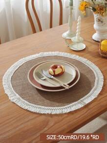 1pc 100% Linen Vintage Rustic Lace Edge Round Placemat, Suitable For Kitchen, Dining Table, Desk, Coffee Table, Vanity, Home Decor, Living Room, Bedroom, Yard, Indoor Outdoor, Camping, Villa, Holiday, Party, Wedding, Cabinet, Family Gathering, Holiday Decoration