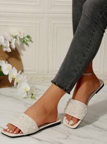 Plus Size Women's Slip-On Rhinestone Embellished Sandals, Casual Outdoor Plastic Flat Slippers