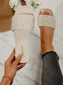 Plus Size Women's Slip-On Rhinestone Embellished Sandals, Casual Outdoor Plastic Flat Slippers