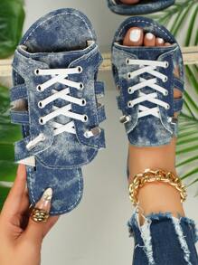 2025 New Casual Comfortable Lace-Up Lightweight Flat Sandals - Navy Blue - View 6