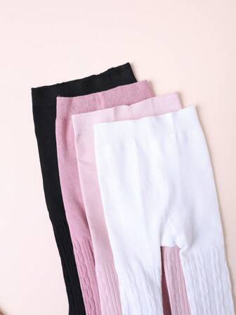 4pcs/Pack Baby Girls Solid Color Leggings, Simple Crotch Tights, Suitable For Everyday Wear, All Season