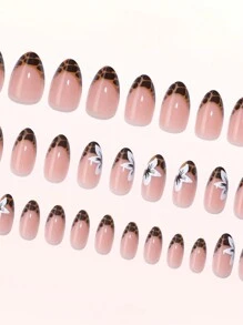 32 件短杏仁形按压式指甲，Y2K 复古巧克力棕色豹纹法式尖头全覆盖按压式指甲，适合新年指甲、情人节礼物、圣诞节指甲，适合女孩和女士日常使用，包含 1 片果冻凝胶和 1 个指甲锉 美甲用品 - 彩色 - 查看 5