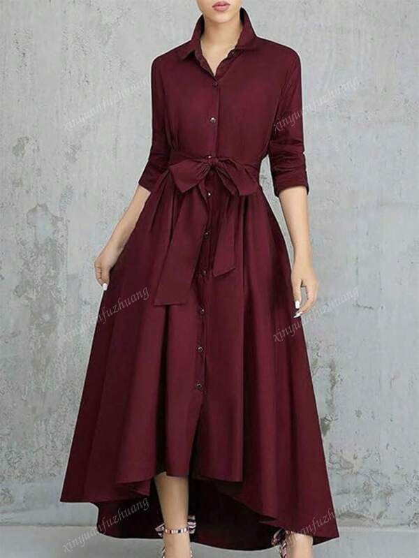 Women's Solid Color Single-Breasted Casual Shirt Waist A-Line Dress, New Autumn/Winter Collection