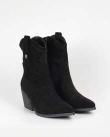 Botines de Tacón Campero Cowboy Mujer Primavera Verano, Elegantes y Cómodos con Tacón Ancho, Diseño Bordado y Perforado, Cremallera Lateral - Negro - Ver 2