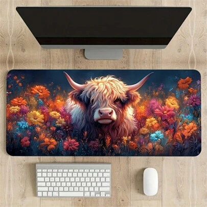 1pc Highland Cow Desk Mat With Colorful Flowers Gaming Desk Accessories 35.4x15.7 Inch Mouse Mat Stitched Edge Non-Slip XL Mouse Pad Rubber Base Keyboard Pad For Home Office Back To School Desk Accessories Office Supplies Office Desk Accessories Mousepad Mouse Pad For Desk