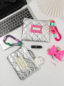 1 Piece 可爱银色零钱包带手柄银色斜纹心形零钱包可爱腕带化妆包便携式短钱包银色蝴蝶结装饰可爱零钱包绗缝零钱包配马卡龙手柄化妆包旅行圣诞礼物感恩节 - 彩色 - 查看 7