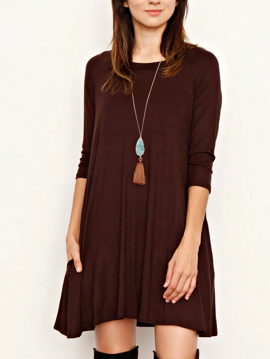 Boho Retro Solid Rayon Cool Color Mini Dress Short Sleeves Grey Charcoal Olive Navy Small To 3XL Plus Curvy - 深棕色 - 查看 1