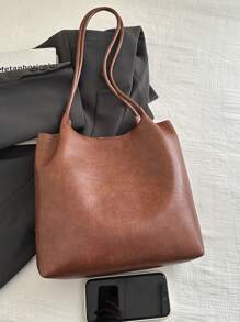 Korean Style College Student New Soft Leather Tote Bag, Large Capacity Fashion Hobo Retro Shoulder Bag, Maillard Style Simple Commuter Underarm Tote Bag Shopping Handbag With Charm Pendant Decoration - Brown - View 9