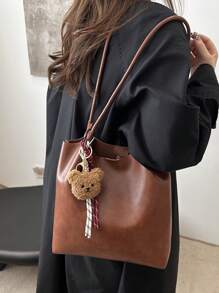 Korean Style College Student New Soft Leather Tote Bag, Large Capacity Fashion Hobo Retro Shoulder Bag, Maillard Style Simple Commuter Underarm Tote Bag Shopping Handbag With Charm Pendant Decoration - Brown - View 6