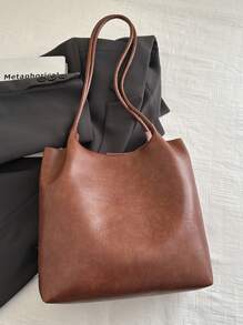 Korean Style College Student New Soft Leather Tote Bag, Large Capacity Fashion Hobo Retro Shoulder Bag, Maillard Style Simple Commuter Underarm Tote Bag Shopping Handbag With Charm Pendant Decoration - Brown - View 10