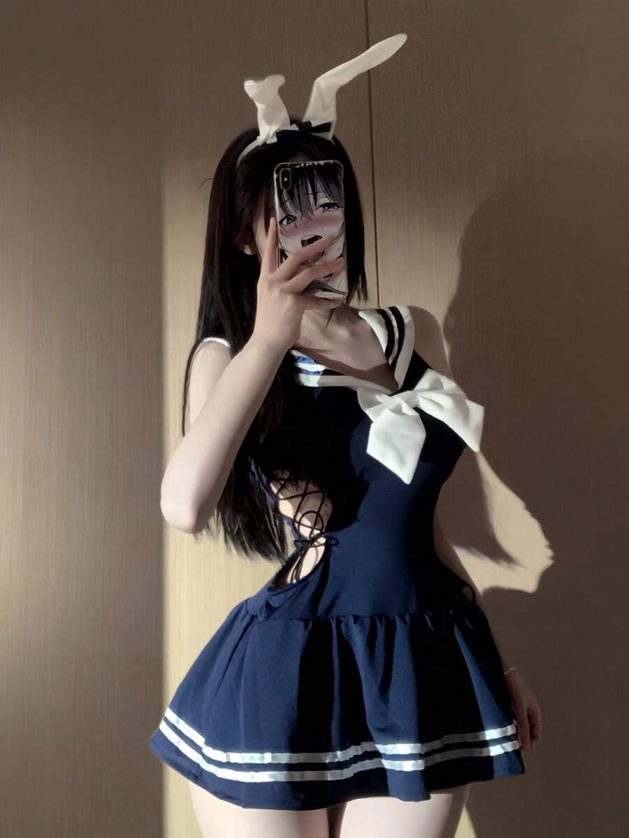 1 件性感可爱女学生兔女郎服装,女式解扣连体泳衣,带肩带 - 彩色 - 查看 1
