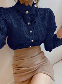 Women Mock Neck Victorian Lace Puff Sleeve Shirt  Elegant Vintage Blouse - 寶藍色 - 查看 3