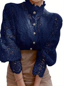 Women Mock Neck Victorian Lace Puff Sleeve Shirt  Elegant Vintage Blouse - 寶藍色 - 查看 1