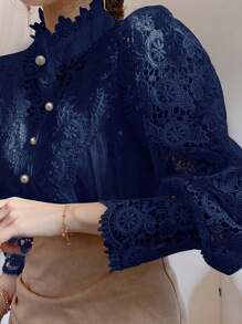 Women Mock Neck Victorian Lace Puff Sleeve Shirt  Elegant Vintage Blouse - 寶藍色 - 查看 2