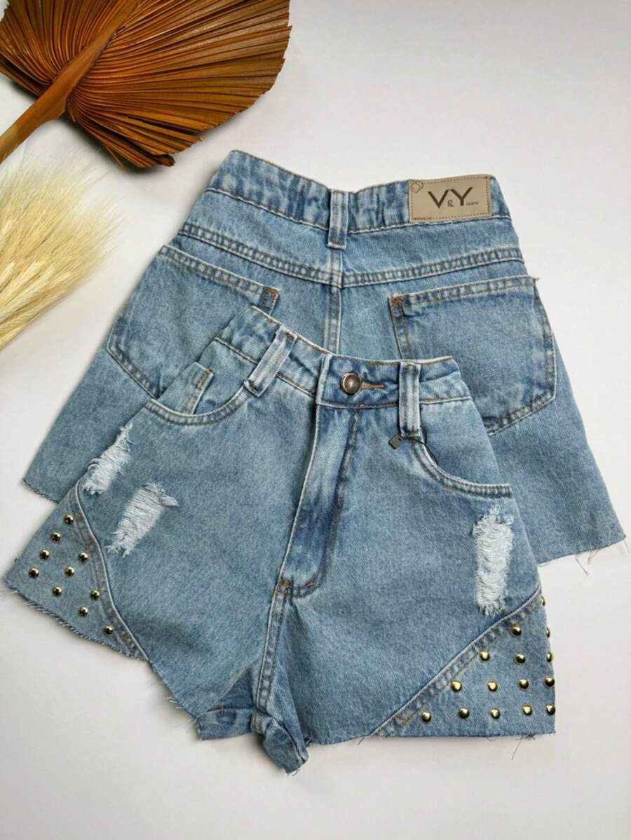 Women's Short Jeans With Rhinestones And Studded Triangle With Pocket - 中等水洗藍 - 查看 1