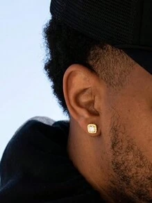 2pcs Men's Fashion Square Zirconia Stud Earrings, Bling Bling Rhinestone Earrings, Christmas, New Year, Valentine's Day Holiday Gift