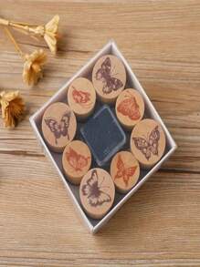 9pcs Mixed Wooden Stamp Set - Floral, Butterfly And Animal Designs, Creative Wooden Cylinder Stamp Kit For DIY Photo Album, Diary, Scrapbooking, Card Making - Round Wooden Stamp Set With Ink Pads, Creative Gift For Friends And Family - Multicolor - View 11