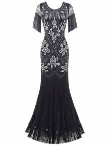 BABEYOND Women's Flapper Dress 1920s V-Neck Evening Gown Sequin Beaded Maxi Dress For Wedding - bạc đen - Xem 4