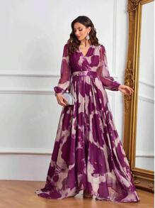 Women's V-Neck Crossed Wrap Elegant Long Sleeve Random Printed Dress