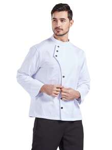 Unisex Solid Color Front Snap Button Long Sleeve Chef Jacket, Restaurant Kitchen Cooking Uniform