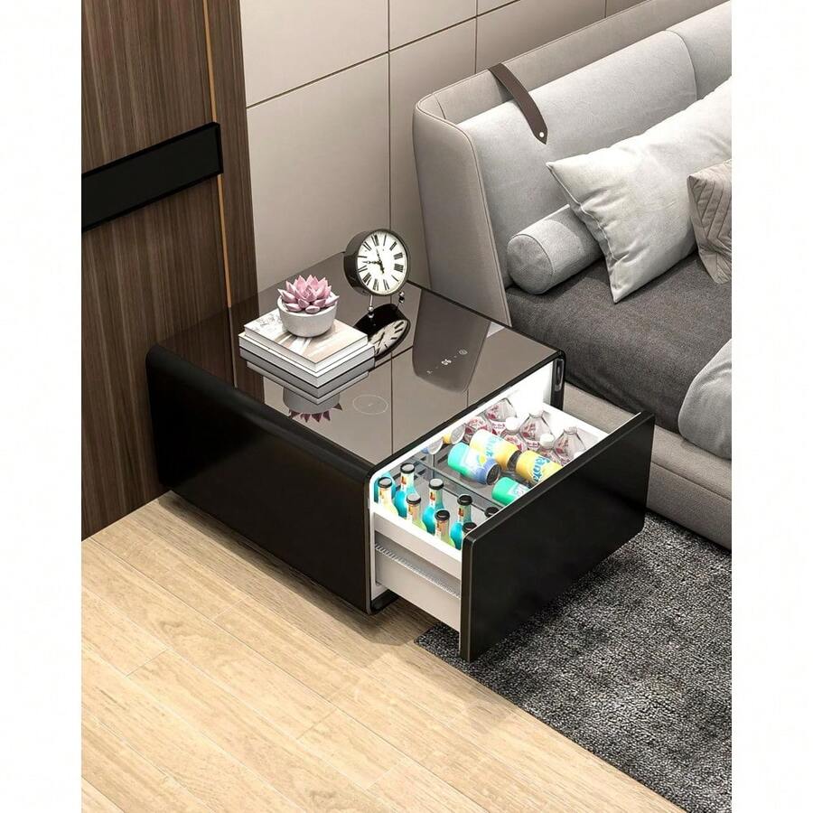 QWERTYUI Smart Nightstand, Side Table With Built In Fridge, 27.8" D X 26.5" W X 18.1" H, Mini Coffee Table, Modern End Table 15W Wireless Charging With USB Chargers And Outlets For Bedroom (Black) - default - View 1
